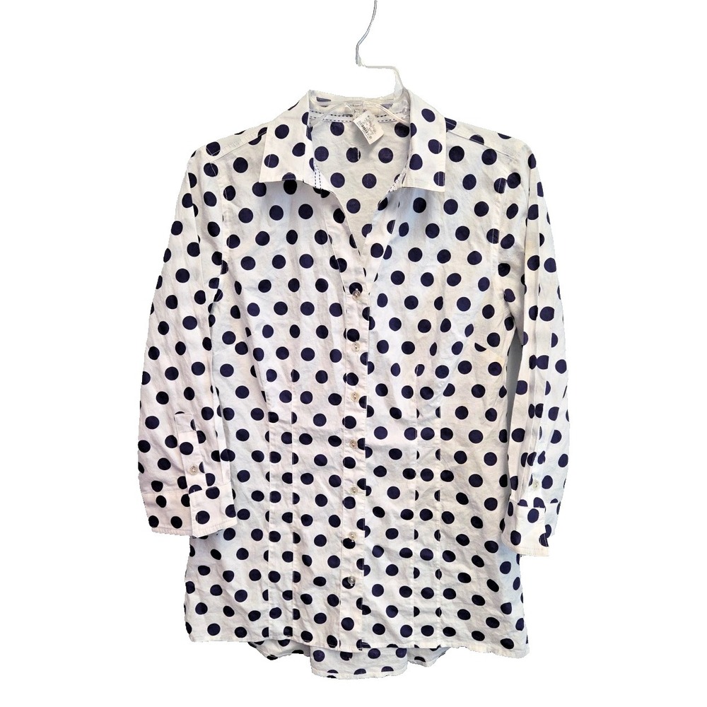 Tyler Boe Sz‎ 6 Cotton Navy Polka Dot Collared Buttoned Down Shirt Top Tunic NWT